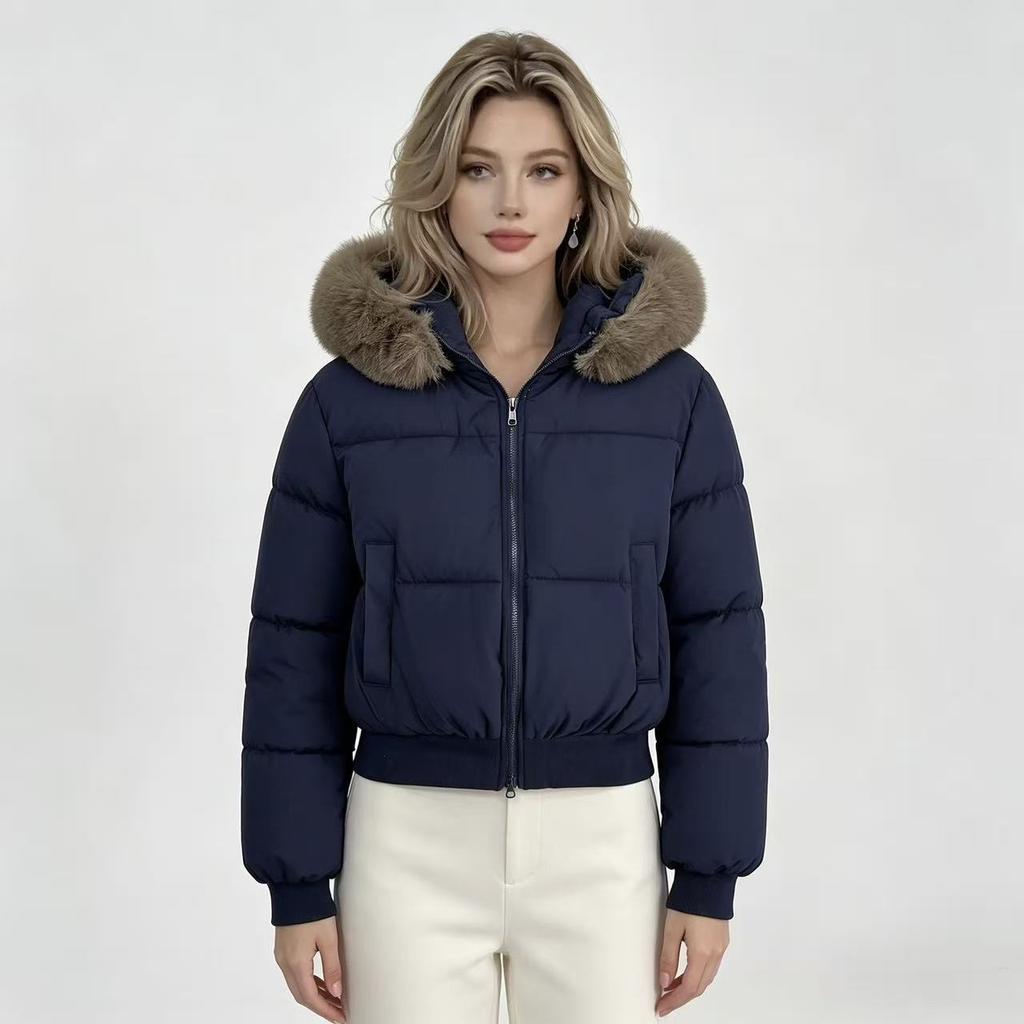 Hooded fur collar waist to keep warm, new winter short style feels big, thickened cotton-padded jacket, women's European cotton-padded jacket