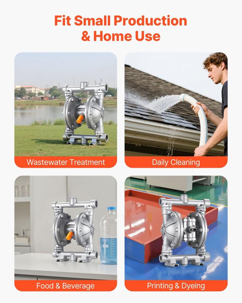 Air Operated Double Diaphragm Pump, 24.98 LPM Max, Standard Inlet & Outlet Air Pneumatic Waste Oil Transfer Pump, Aluminum Alloy Body, Dual