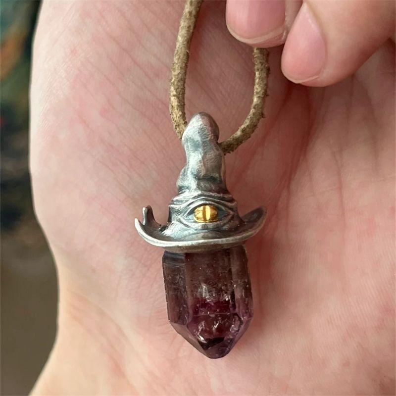 Yuji Retro Style Natural Amethyst Hexagonal Column Witch Hat Pendant, Niche Unique Simple Pendant