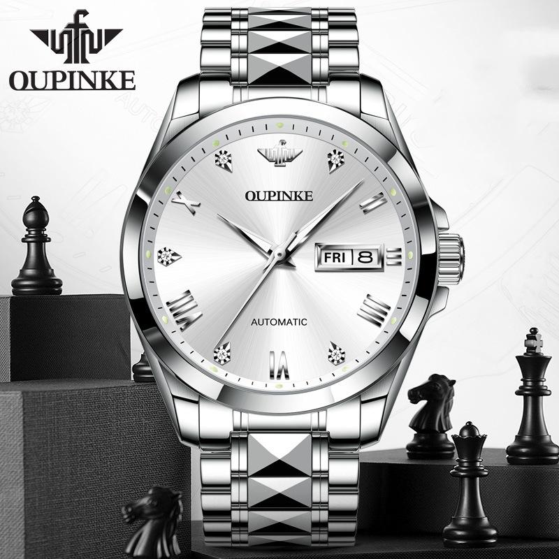 OUPINKE New Watch Automatic Mechanical Watch Stainless Steel Business Hollow Waterproof High-end Watch