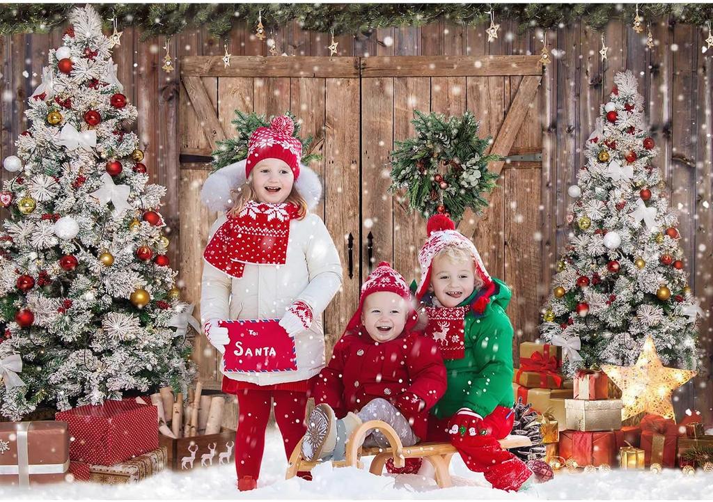 7x5FT Polyester Fabric Winter Christmas Rustic Barn Wood Door Photography Backdrop Xmas Tree Snow Background Banner for