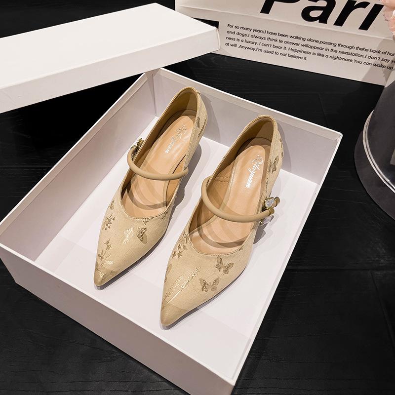 French temperament one-word high-heeled shoes women's thin heels 2025 new high-heeled Mary Jane shoes spring and autumn light mouth single shoes