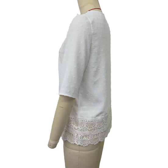 Женская рубашка с V-образным вырезом, рукавом 3/4, повседневная, с кружевной вставкой на подоле, жаккардовым декором, однотонная, дышащая