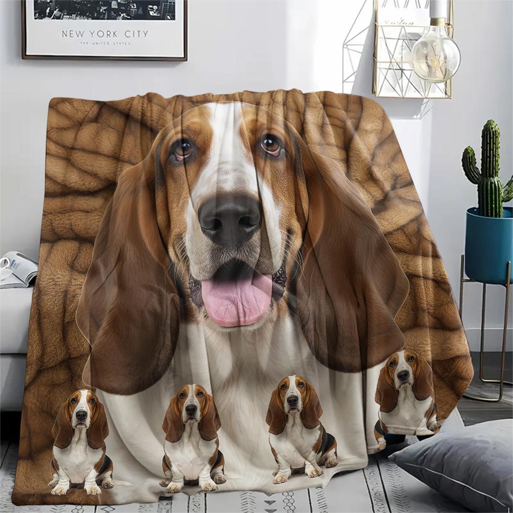 1Pc Basset Hound Print Flannel Blanket, High quality Comfortable for All Seasons, Home Decor, Warmth and Comfort, Perfect for Gifts