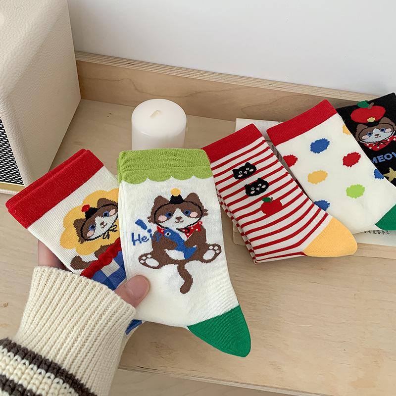 Осенние женские носки, носки до середины икры, махровые носки с мультяшным котом, студенческие носки для женщин