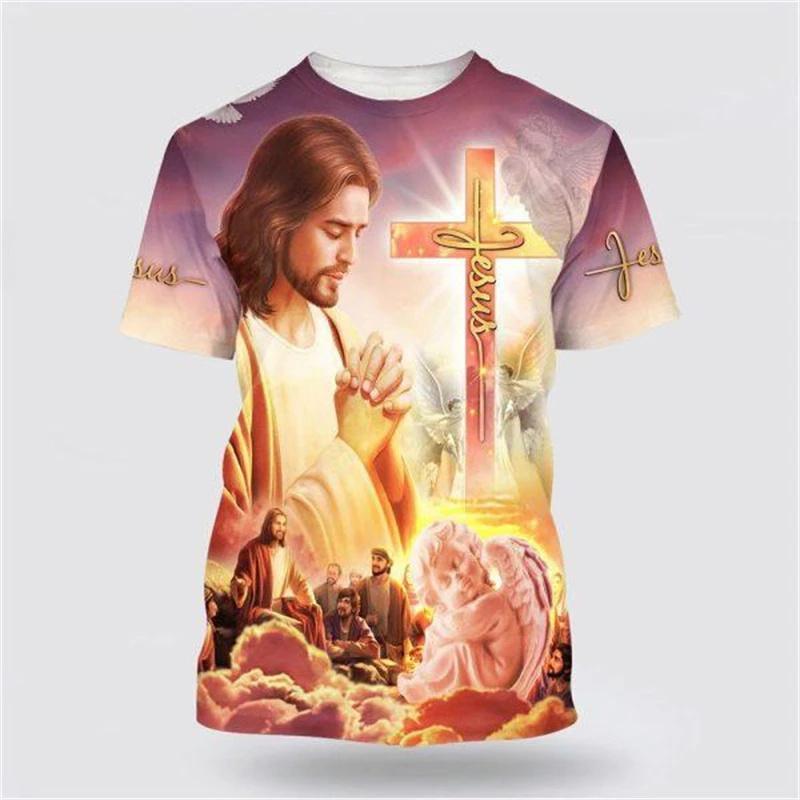 God Religion 3D Printed T-Shirt for Men Christ Jesus Pattern Street Short Sleeve Loose Oversized Tops Tees Daily Casual T Shirts