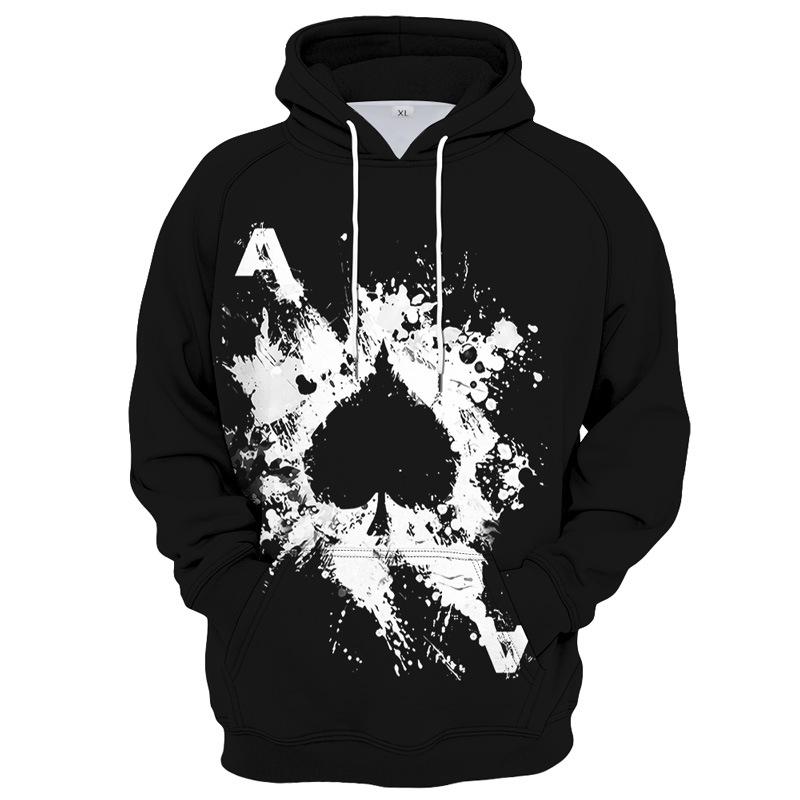 Classic Poker Suit Element Art Fleece Hoodie, Thick Warm Pullover for Men, Autumn Winter Card Pattern Print Sweatshirt for Urban Trendy Trips