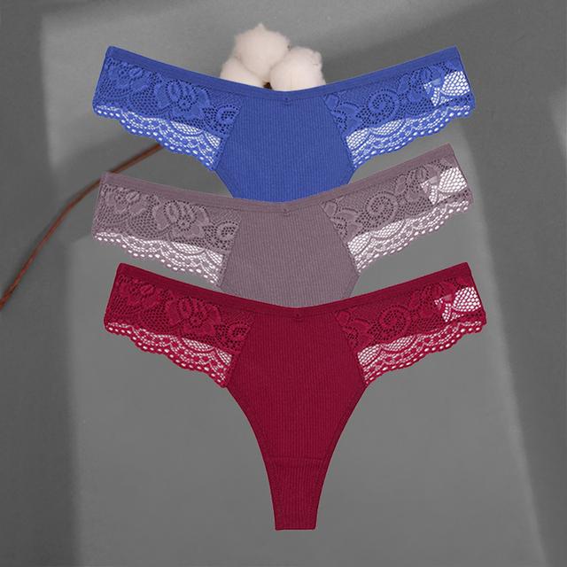 FINETOO Women's Cotton Thongs 3Pcs/set Lace Bikini Underpants S-XL Ladies G-string Underwear Soft Thong Panties Female Lingerie