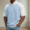Мужской повседневный топ с воротником-стойкой, молнией на половину длины, рукавами реглан, цветовыми блоками, коротким рукавом