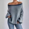 Women's One-Shoulder Striped Lantern Sleeve Sweater - European and American Autumn/Winter Fashion