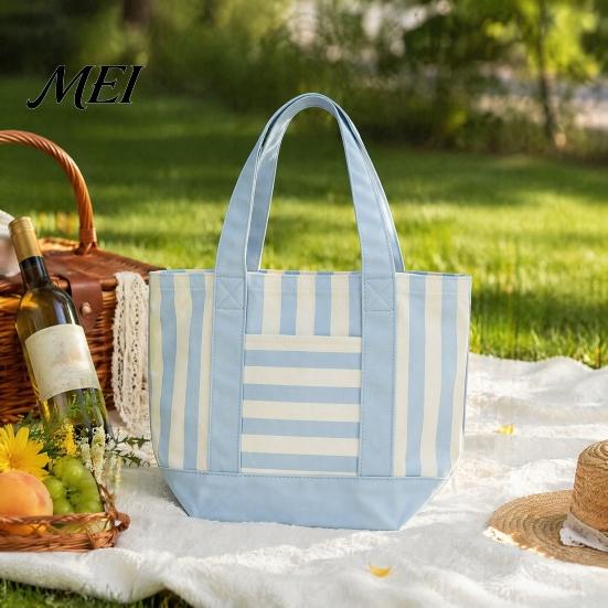 Tote Bag Striped Canvas Bag, Stylish Reusable Grocery with Reinforced Shoulder Strap Front Pocket, for Shopping Picnic Commuting Durable