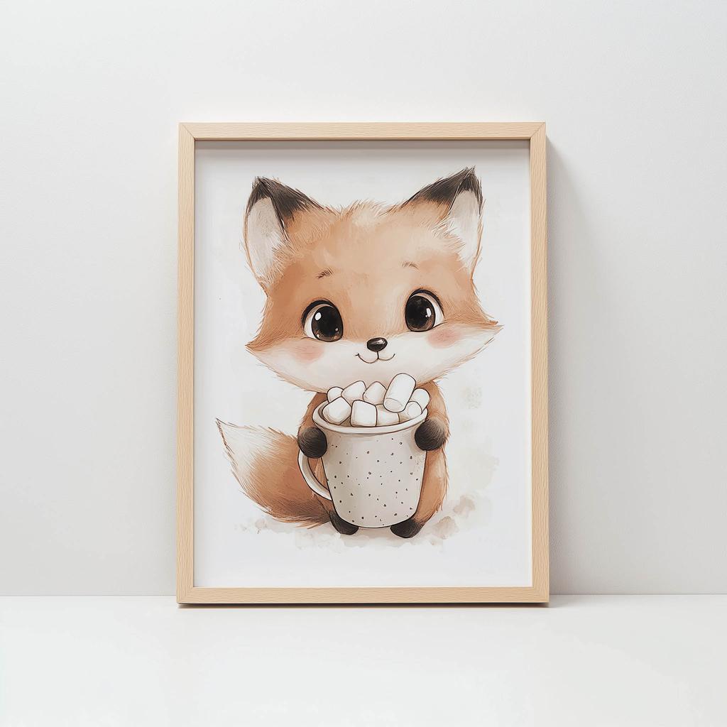 Plakat Uroczy Lisek Z Ciepłą Czekoladą Plakat Uroczy Lisek Z Ciepłą Czekoladą, 50X70 Cm, Bez Ramy, Płótno Premium Na Blejtramie