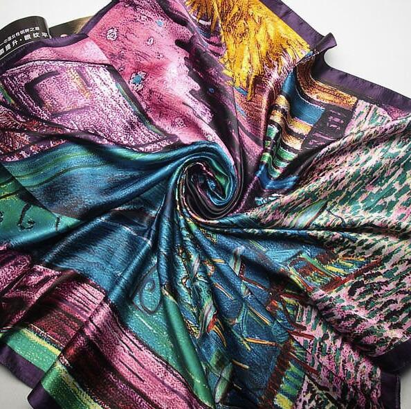 90*90cm Luxury Brand Women Silk Scarfs Van Gogh Painting Square Scarves Spring Summer Shawls For Ladies