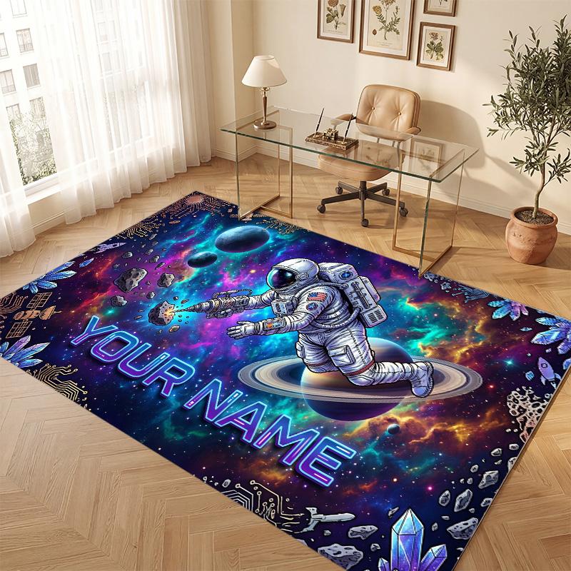 Astronaut Space Theme Soft Crystal Velvet Rug Custom Name & Text Print Non Slip Floor Rug for Bedroom Living Room
