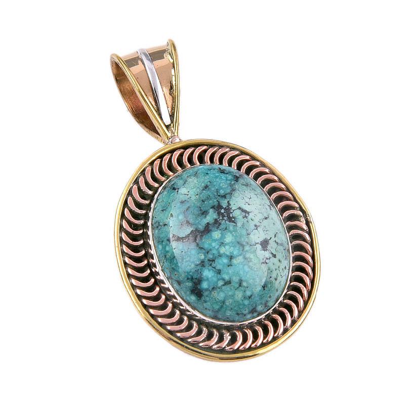 Natural Tibetan Turquoise Gemstone 925 Solid Silver Two Tone Pendant 1.50" F7m49