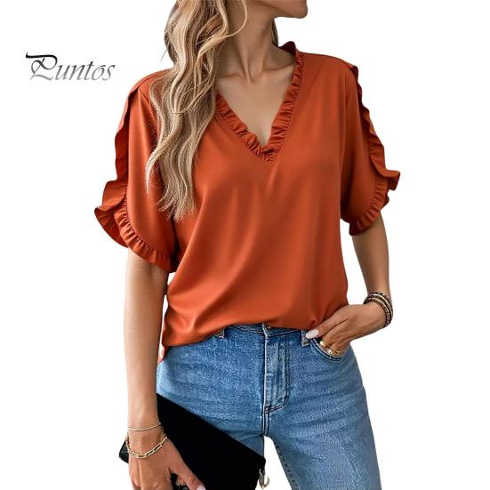 Женская рубашка с V-образным вырезом, оборками, рукавами-лепестками, однотонные топы свободного кроя, повседневная офисная дорожная рубашка