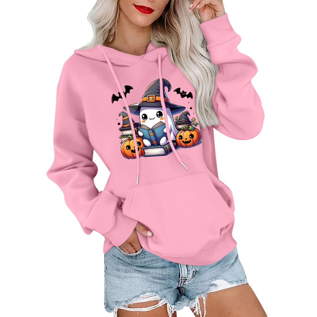 Женский модный, повседневный, удобный свитер с круглым вырезом, капюшоном, длинными рукавами и принтом на Хэллоуин