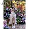 French Style Summer Irregular Skirt Ruffled Waist Elegant Sweet Square Collar Bubble Sleeve Dress
