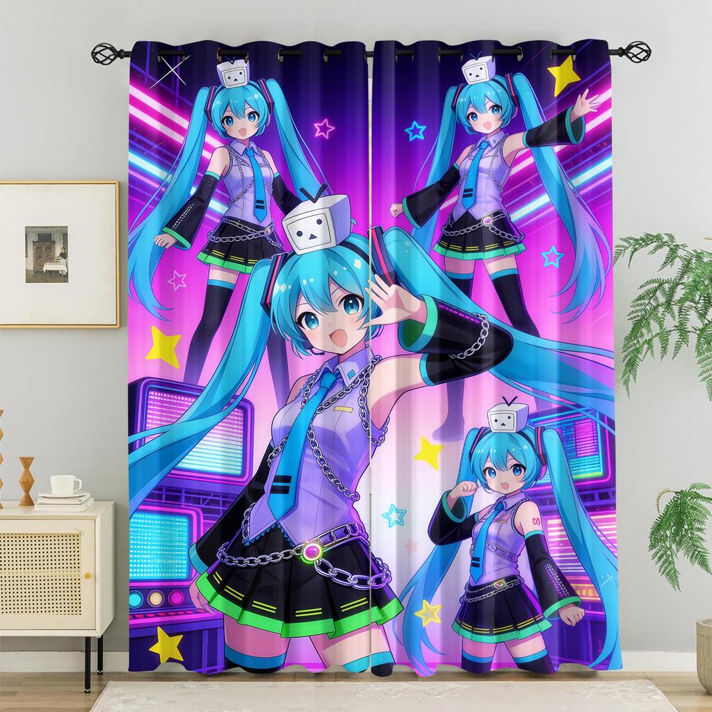 2Pcs Hatsune Miku Blackout Curtains, Top Ring Hole without Rod, Anime-Style Illustration Style Bedroom Gaming Room Dorm Decor