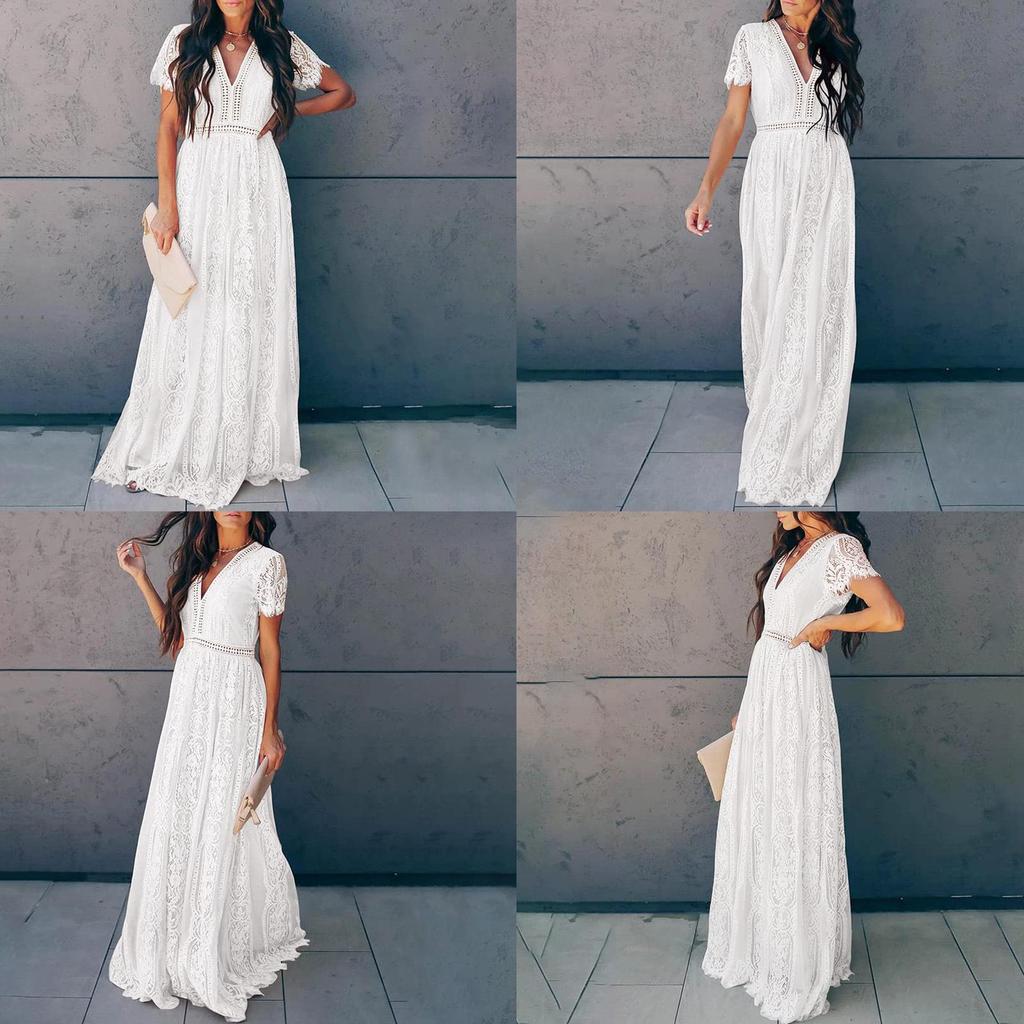 Платье с короткими рукавами и V-образным вырезом в европейском и американском стиле из кружева