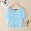Women Casual Square Neck Summer Short Sleeve Loose Blouse