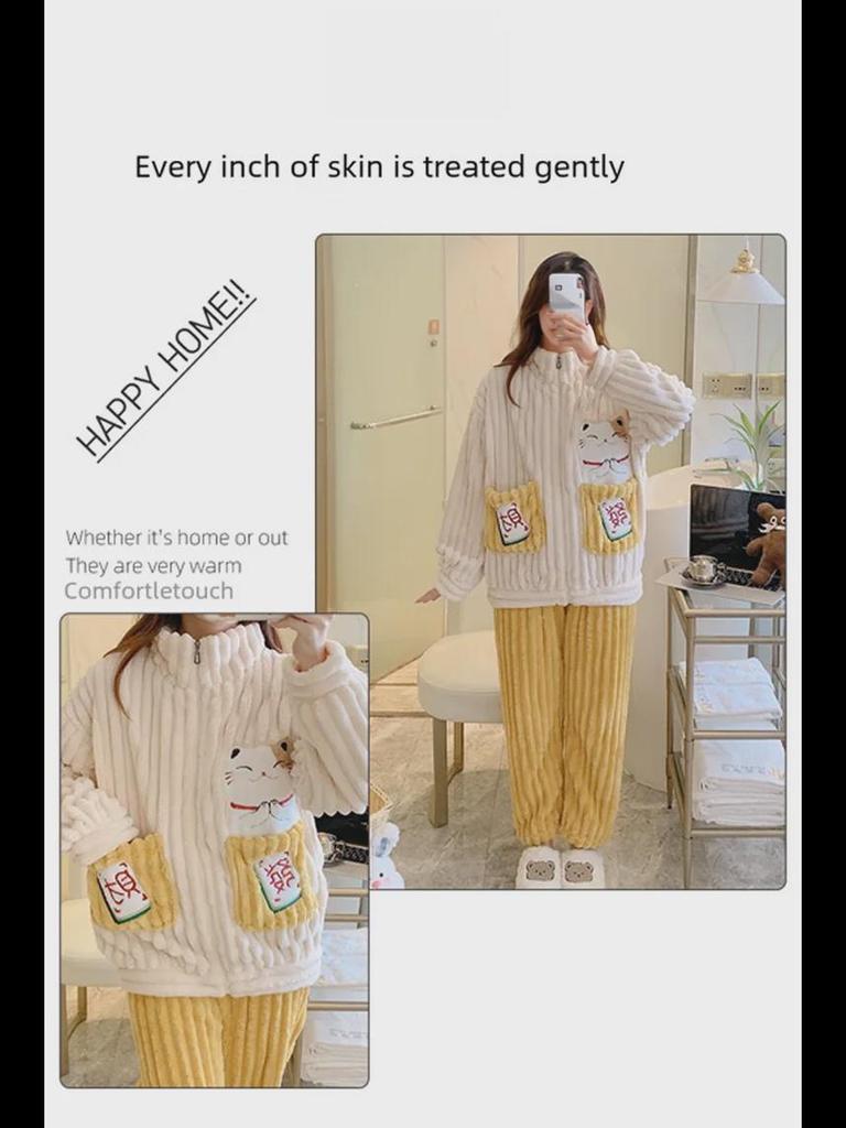 Женская зимняя пижама больших размеров из кораллового и жаккардового бархата - Милая и уютная домашняя одежда (До 200 фунтов)