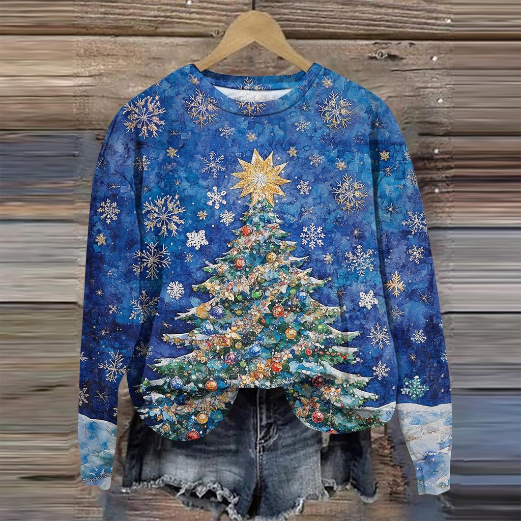 Женская мода круглый вырез пуловер длинный рукав футболка рождественский принт топ