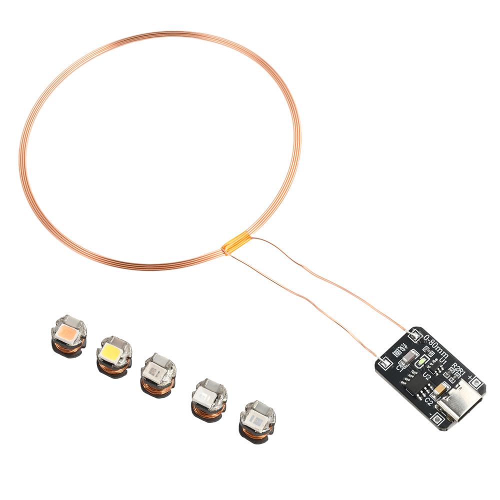 0~80mm USB Wireless Power Supply Transmitter CD54 Induction Light Coil Module DIY Kit with 5pcs Receivers LED Lamp Type-C DC 5V