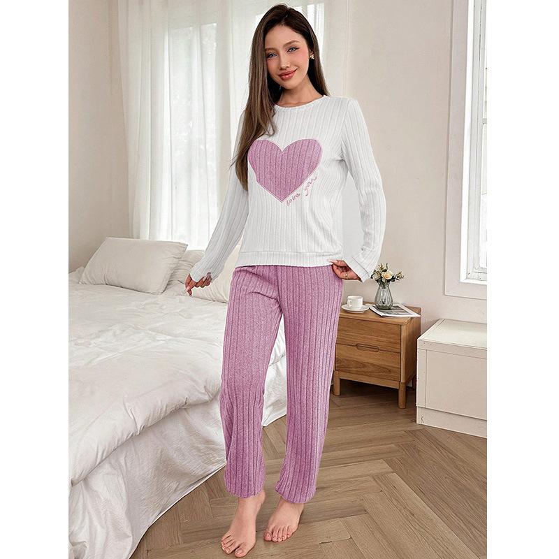 Весна Осень Женская Пижама Комплект с Длинным Рукавом Топ с Сердечками и Длинные Брюки Комплект из 2 Предметов Пижамный Комплект Повседневная Домашняя Одежда Одежда для Отдыха