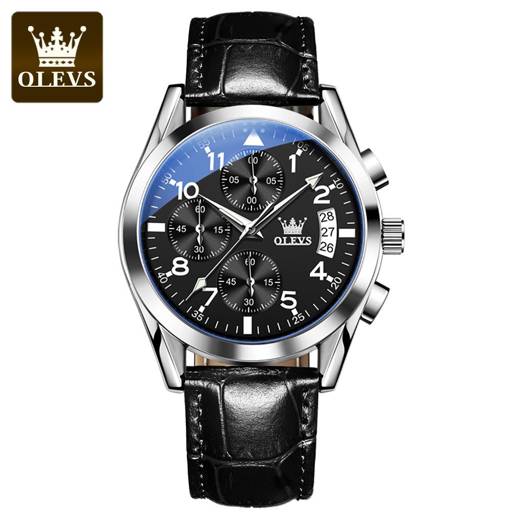 OLEVS2878 Pilot Watch for Men Auto Date Waterproof Luminous Chronograph Wristwatch Luxury TOP Leather Stap Original Quartz Watch