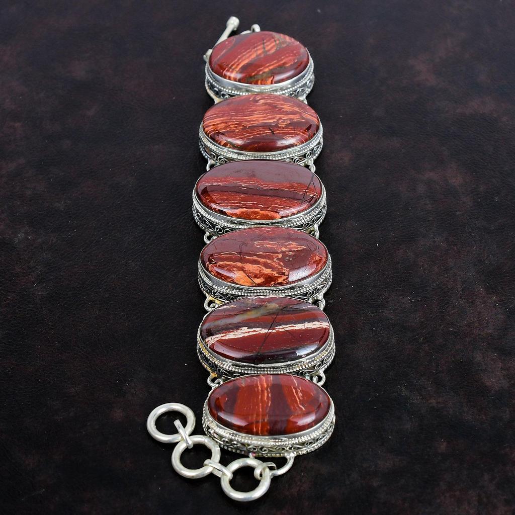 Red Snakeskin Jasper Bracelet Handmade Gemstone Jewelry 925 Sterling Silver Bracelet Adjustable Chain Bracelet Vintage Bracelet Gift For Mom