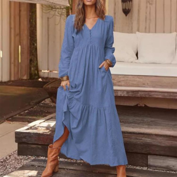 Women Long Sleeve Bohemian Cotton Linen Swing Dress Oversized V Neck Flowy Tiered Ruffle Pleated Long Dress