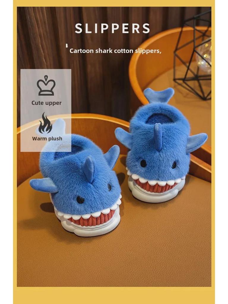 Детские милые хлопковые тапочки с рисунком акулы для мальчиков и девочек - домашние тапочки на толстой подошве для осени и зимы