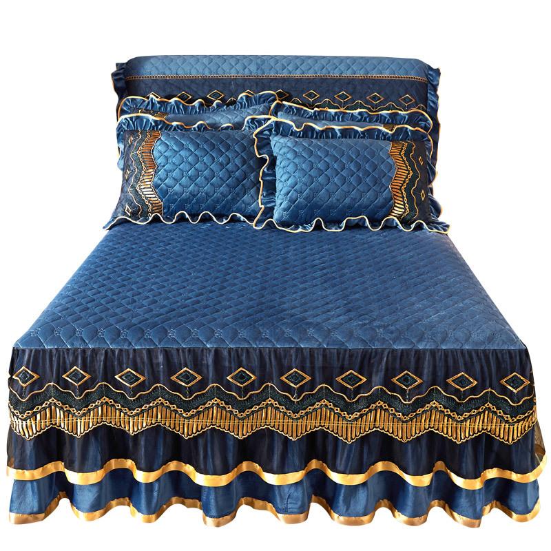 Зимняя бархатная кружевная юбка-кровать с кристаллами, цельное толстое стеганое покрывало из молочного волокна, пододеяльник, постельные принадлежности