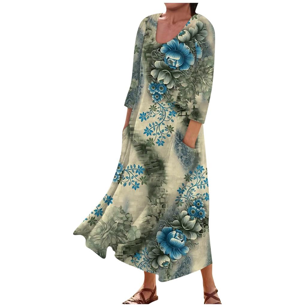 Женское модное повседневное свободное карманное платье с круглым вырезом и рукавами 3/4