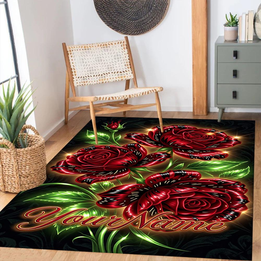 Rose Customize Your Name Floor Rug Office Rug Suitable for Living Rooms Foyer Kitchen Game Room Anti-slip Rug Office home decor Spiritual Gift