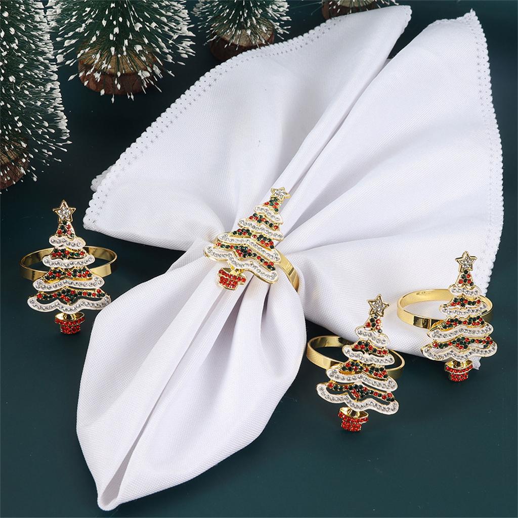 Elegant Metal Christmas Tree Napkin Rings with Sparkling Rhinestones Napkin Holder For Festives Party Table Decoration