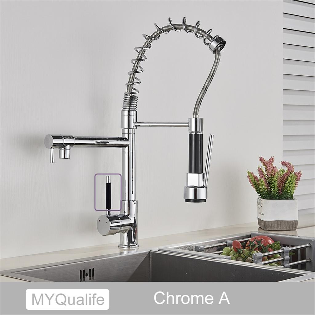 Black Pull Down Brass Kitchen Sink Faucet Hot Cold Water Mixer Crane Tap with Dual Spout 360 Rotation High Faucet Deck Mounted
