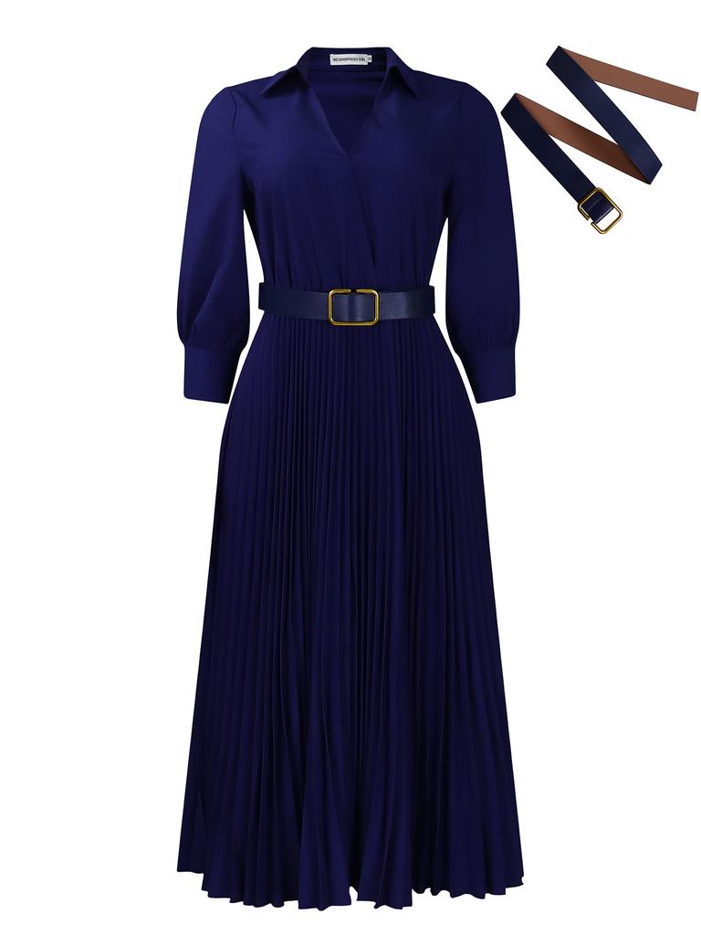 Women Elegant Solid Color Dress Tunic Dress Midi Dress with Belt Sexy V Neck Shirt Dress Plus Size