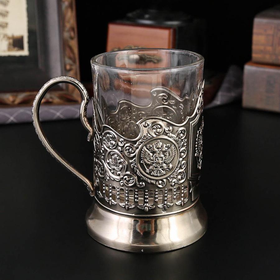 Vintage Russian Style Glass Cup With Embossed Metal Holder Retro Whiskey Tea Mug Home Bar Decor Business Souvenir Gift