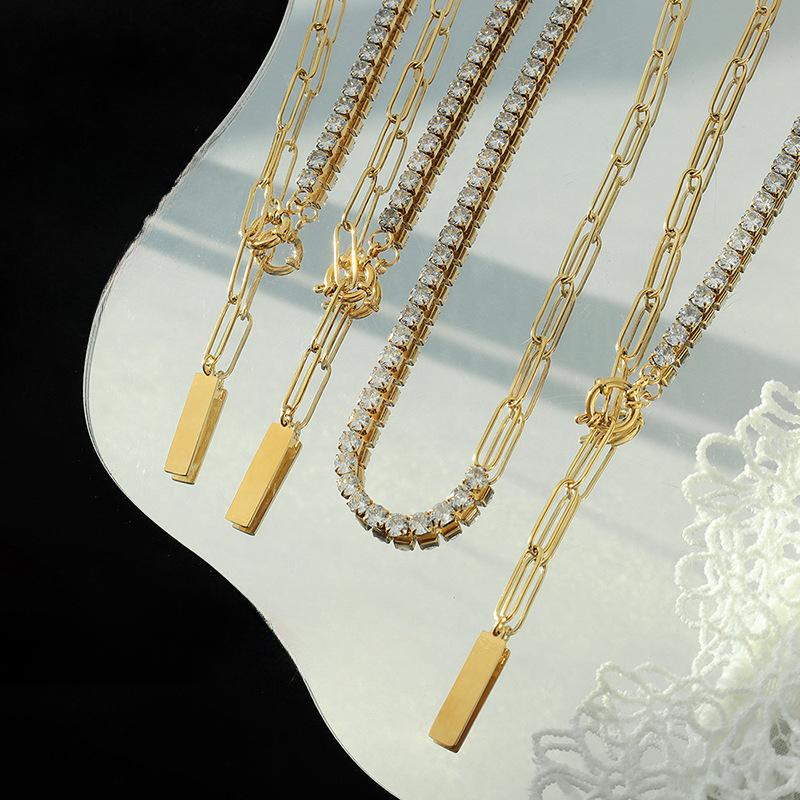 Wind Does Not Fade Temperament Zircon Inlaid Square Strip Pendant Clavicle Neck Chain Titanium Steel Necklace P122