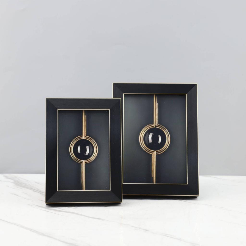 Rectangular Frame Ornament Layered Frame Ornament with Circular Motif Black and Gold Trim Decorative Accent for Mantel or Desk