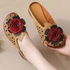 2025 Big Flower Cow Leather Sandals Womens Summer Cut Out Mules Low Heels Woman Retro Luxury Slipper Sandals Lady Slip On Shoes