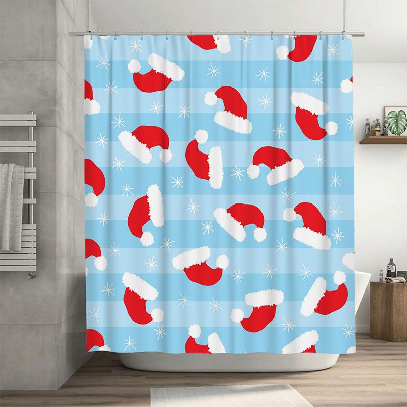 TU Christmas Shower Curtain Festive Holiday Decor Red Santa Claus Pattern Waterproof Bathroom Curtain Xmas Home Decor Gift