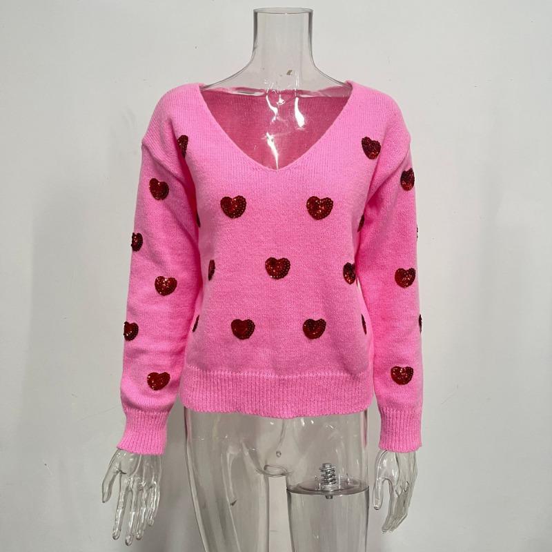 Women V Neck Pullover Sweater With Sequin Heart Embroidery For Autumn Winter