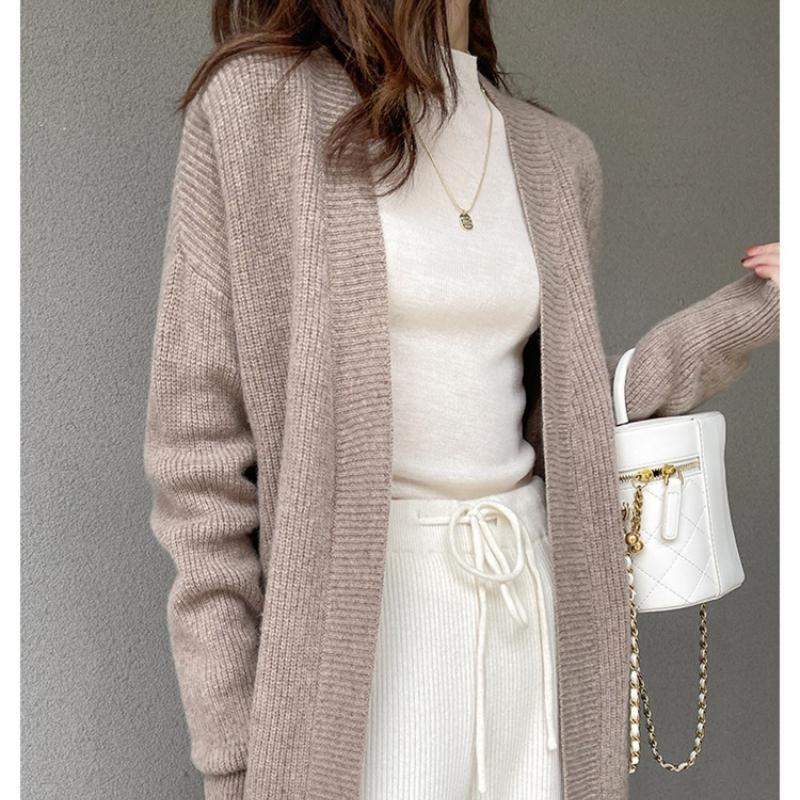 Вязаный женский кардиган осень-зима повседневный V-образный вырез средней длины пальто модный свободный однотонный офисный женский свитер