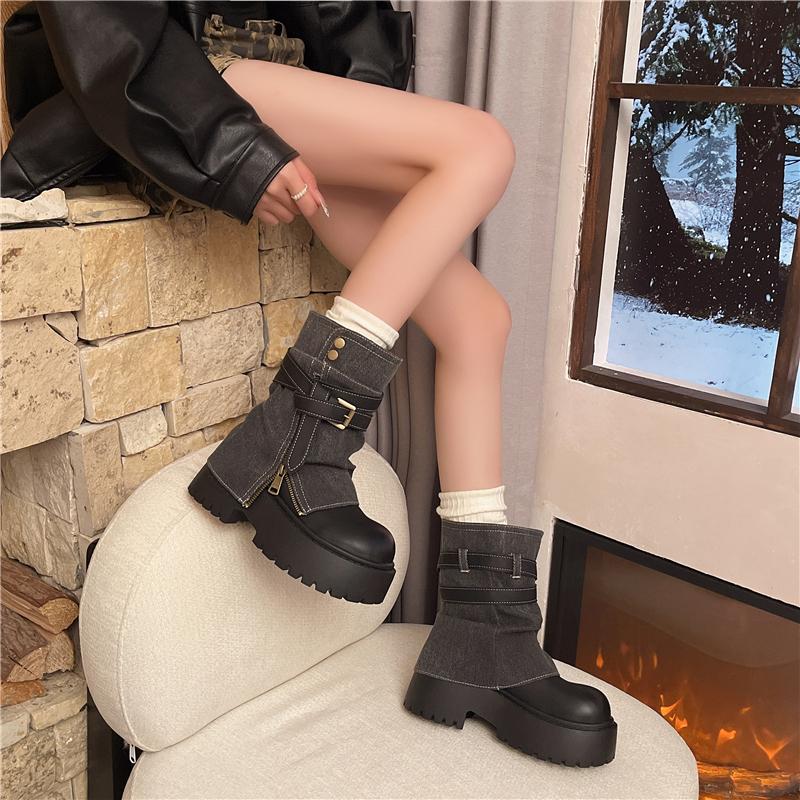 autumn Winter Punk Style Women Ankle Boots Belt Buckle Ladies Concise Chunky Platform Heel Short Booties