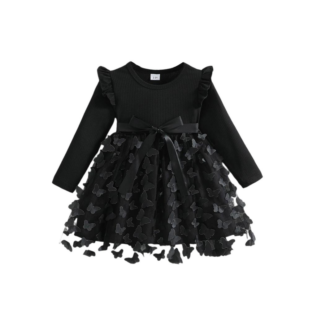 Girls' 3D Bow Dress - Long Sleeve Tulle Belted Gown