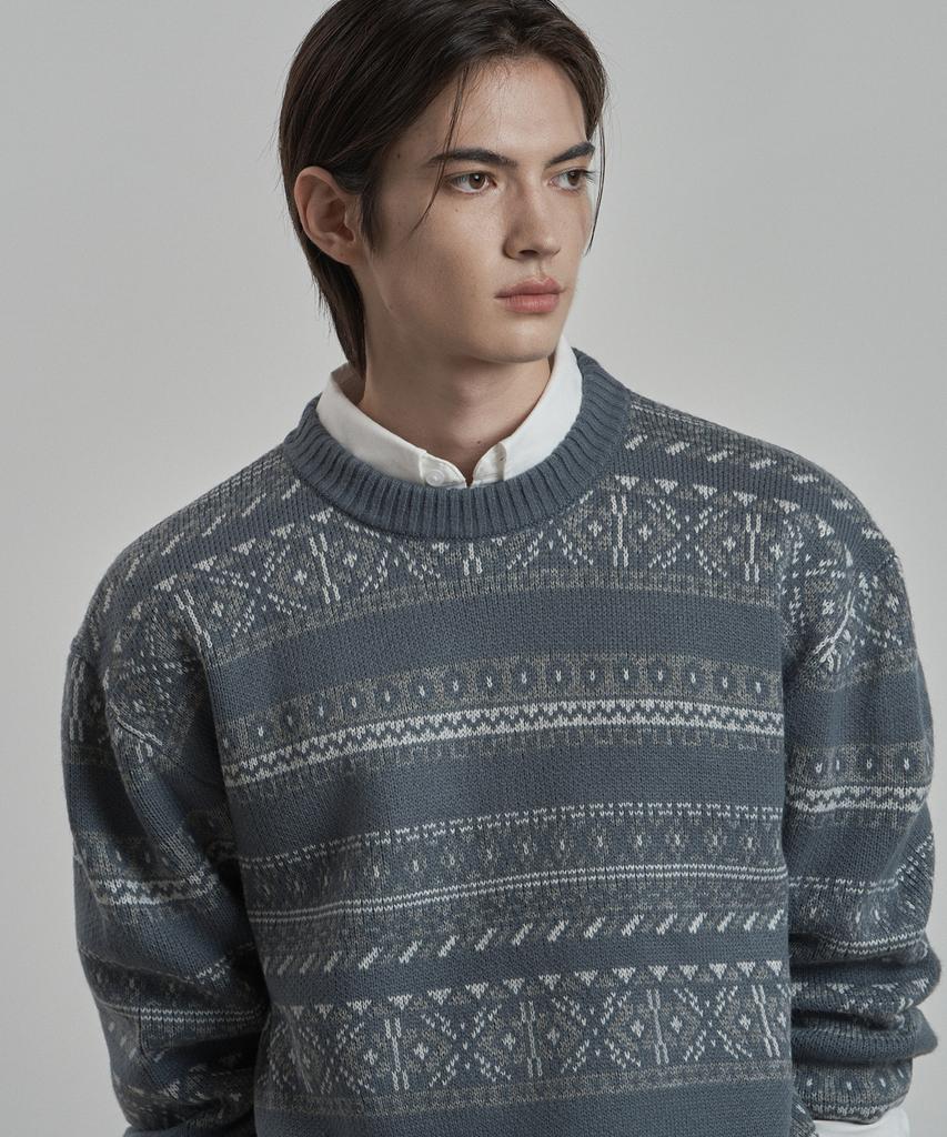 WORK ON BODY OFF Decor Semi-Overfit Fair Isle Knit [Blue]