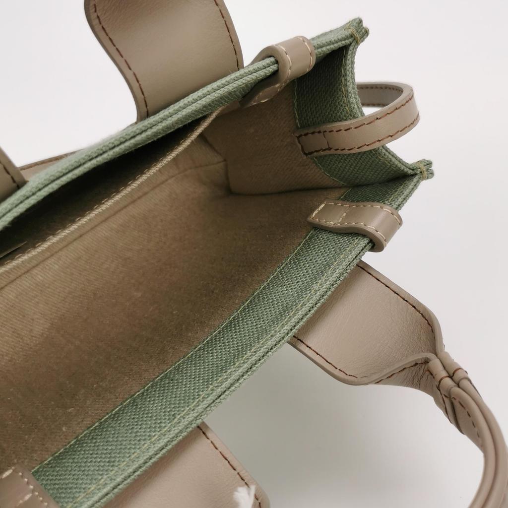 [Pre-Owned] Woody Logo Embroidered Solid Color Linen Canvas And Glossy Calfskin Tote Bag Shopping Bag Shoulder Crossbody Handbag Min - Unused #1XNW57U